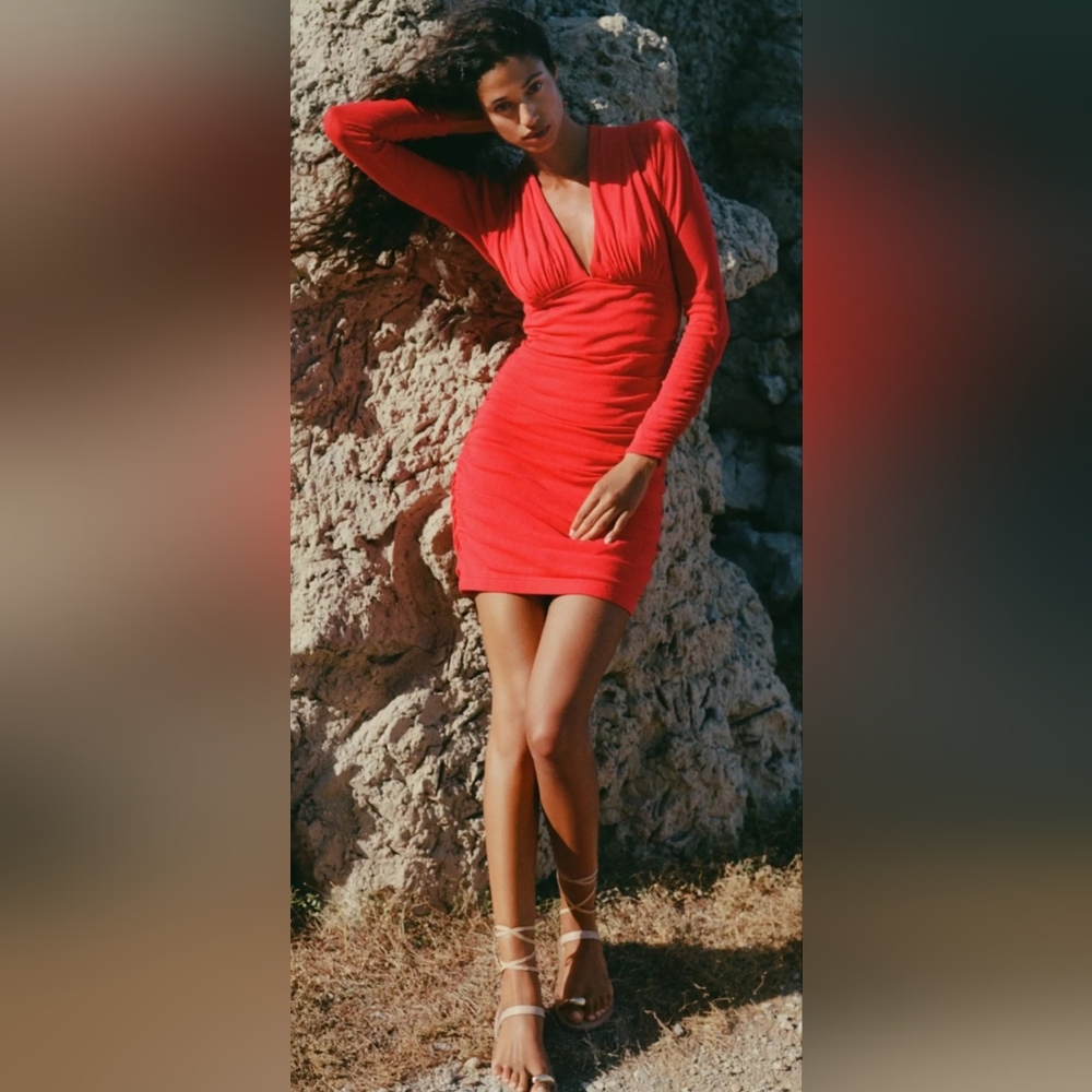 Anthropologie Vibrant Red Long Sleeve V-Neck Ruched Mesh Midi Dress